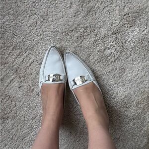 Authentic Dior Women's Silver-Accented White Loafer / mules